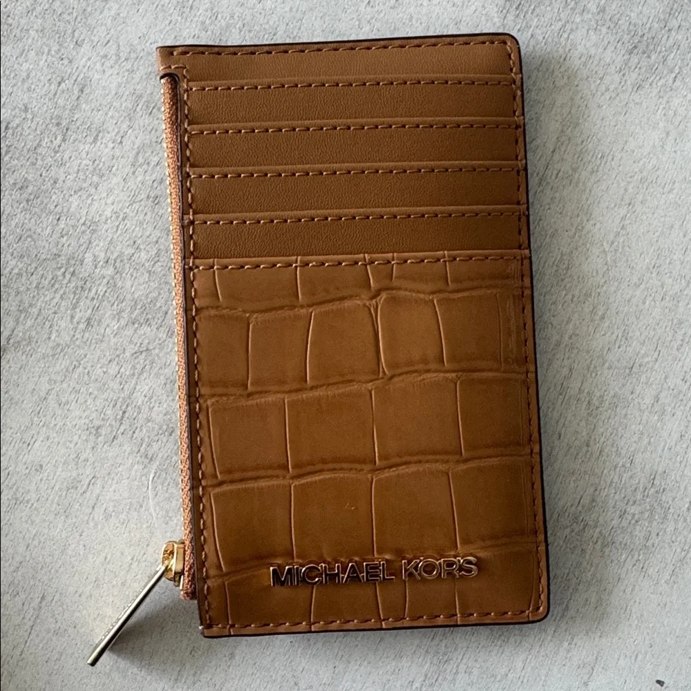 Michael Kors Logo Jet Set Travel Med Tan Croc-Embossed Card Holder Wallet